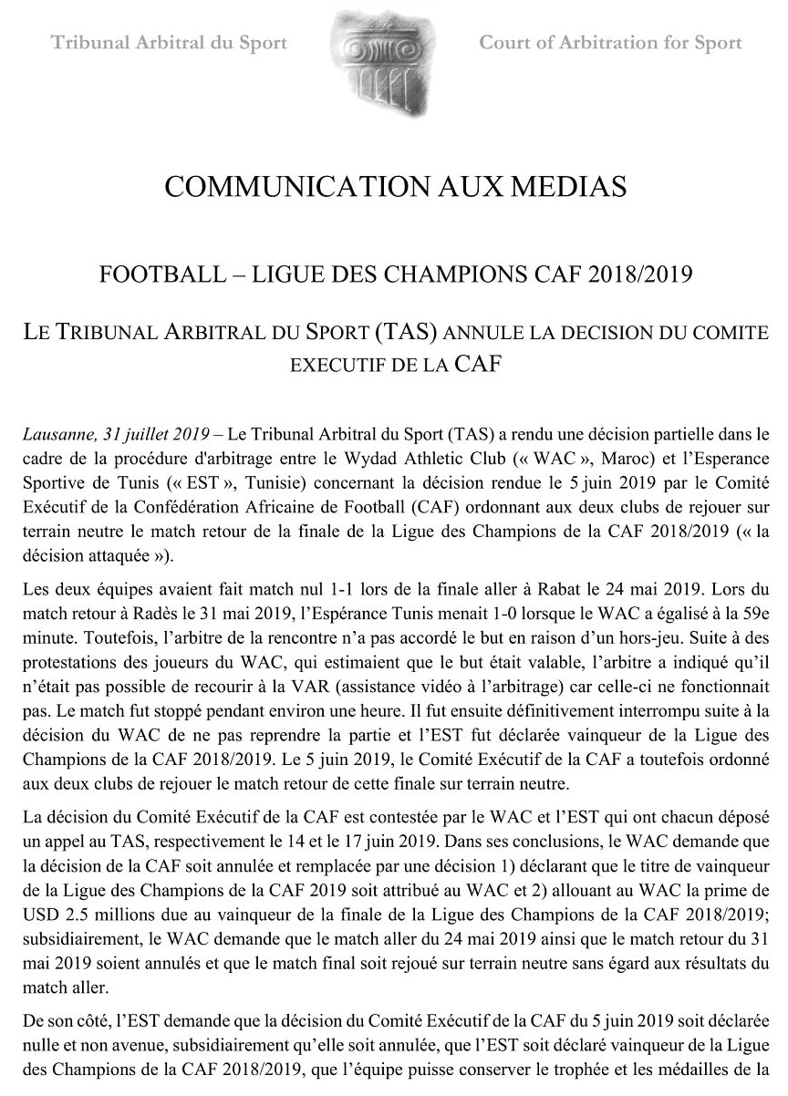 LDC "EST-WAC" : Décision du TAS