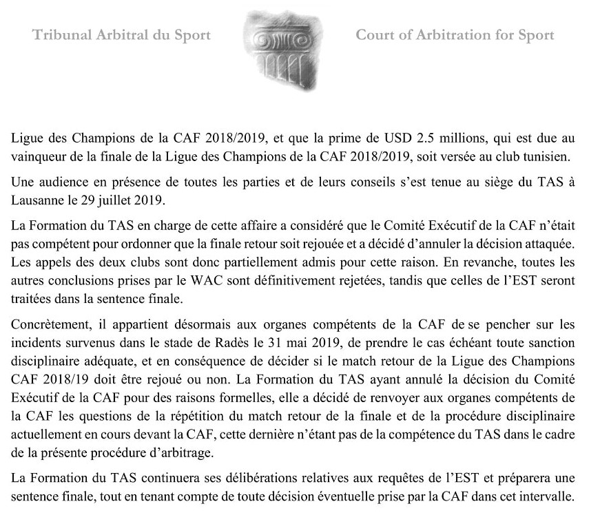 LDC "EST-WAC" : Décision du TAS