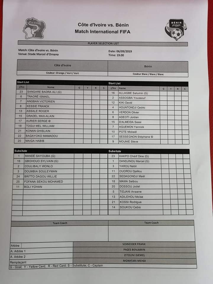 Amical - C&ocirc;te d&rsquo;Ivoire / B&eacute;nin : Feuille de match