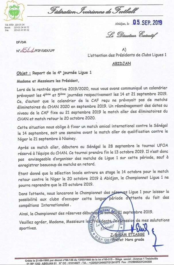 Lettre de la FIF sur le calendrier