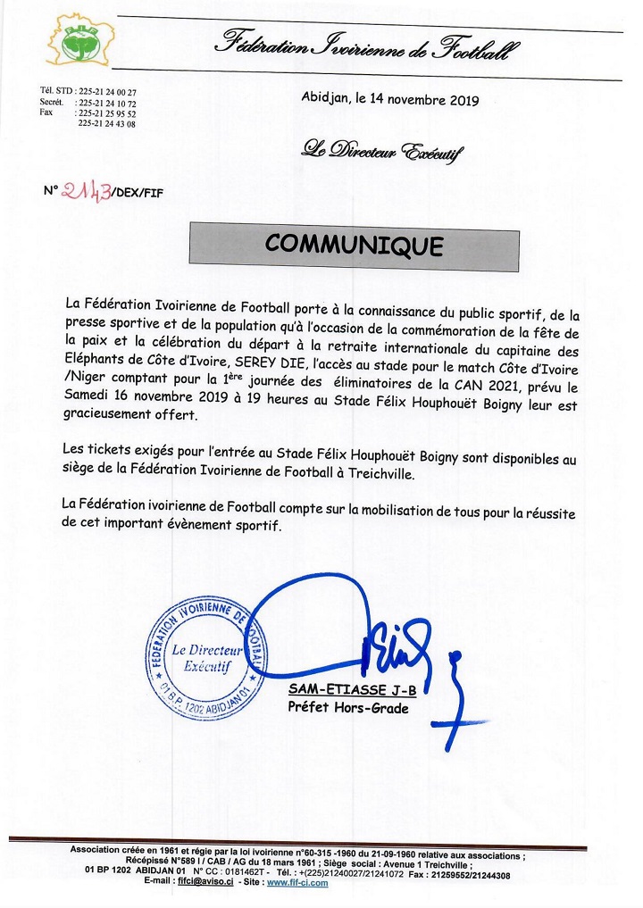 La FIF offre gracieusement la rencontre des Eléphants