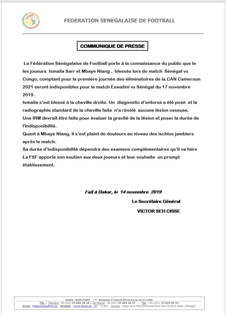 Communiqué de la Fédération Sénégalaise de Football