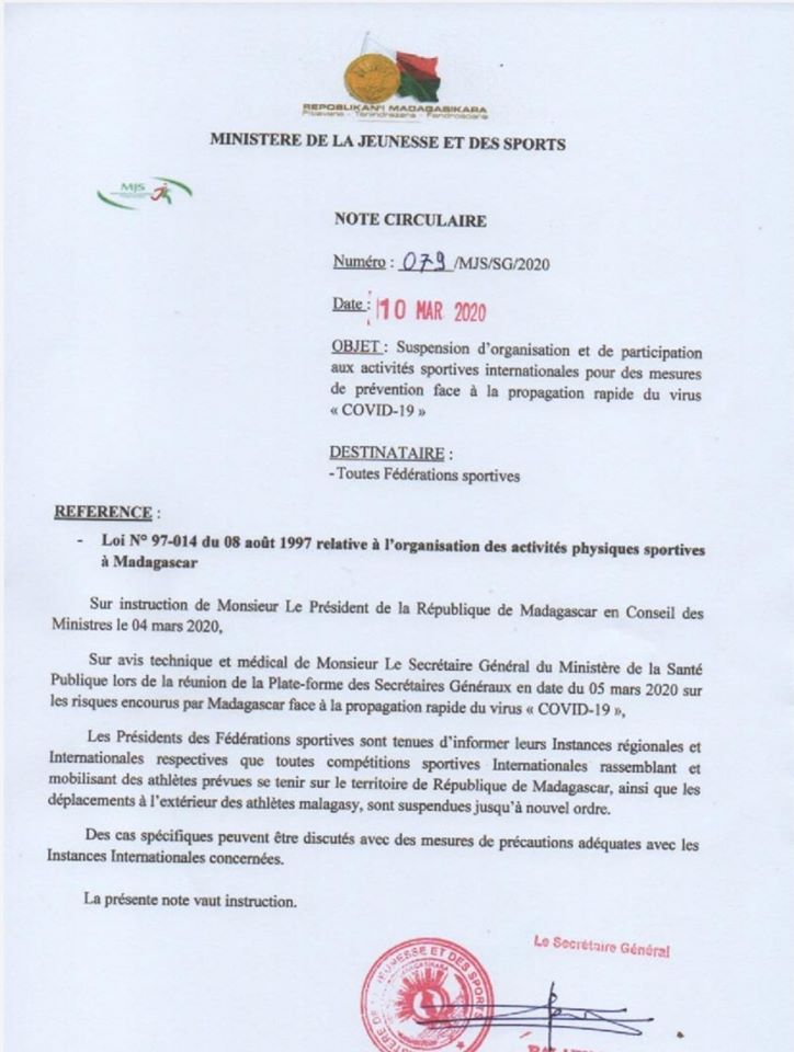 Communiqué du Ministère de la Jeunesse et des Sports