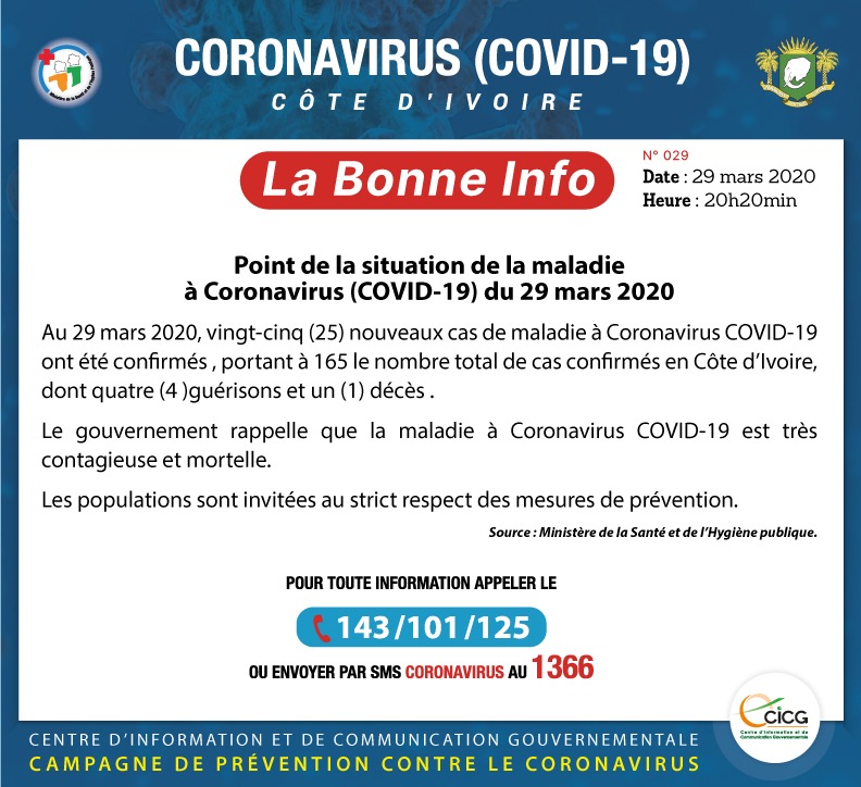 Point du Gouvernement Ivoirien du dimanche 29 mars 2020 sur le Coronavirus (Covid-19)