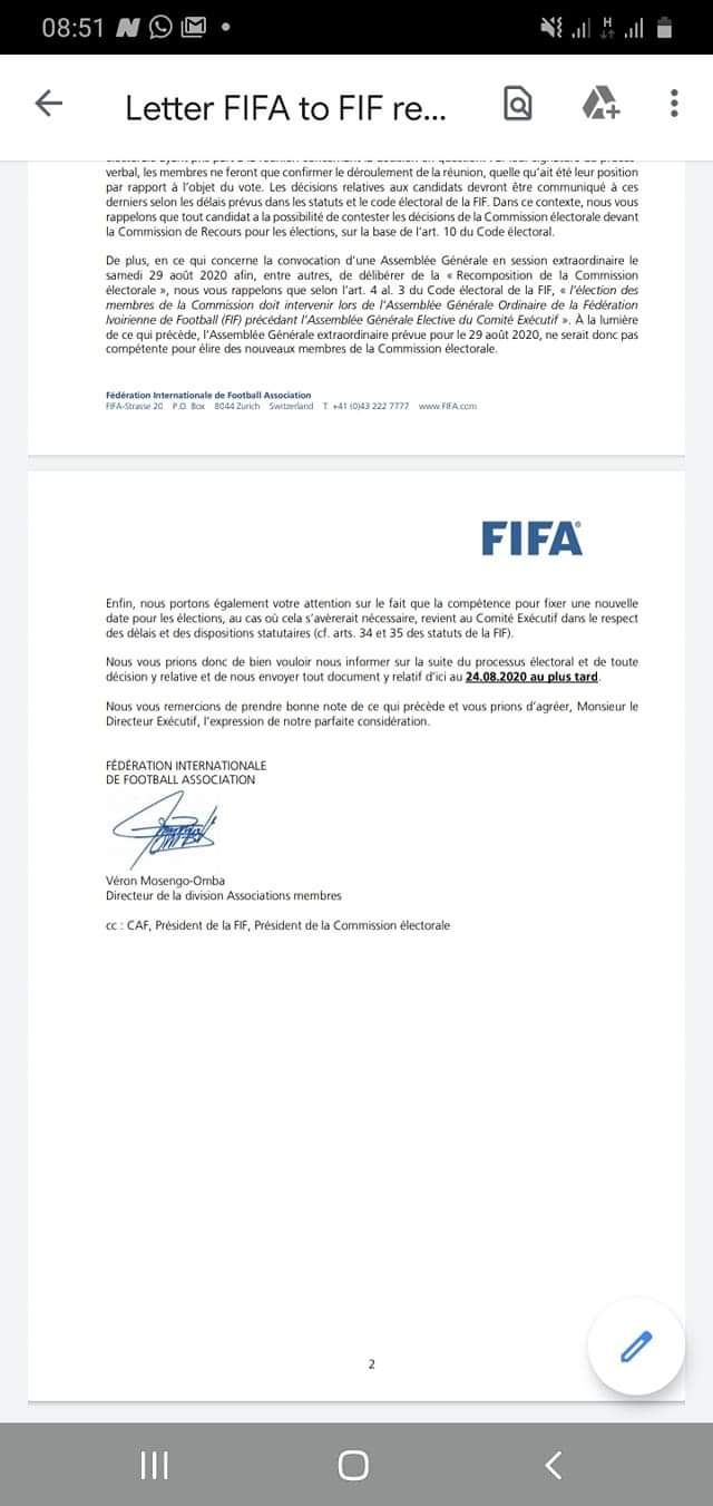 Courrier de la FIFA à la FIF