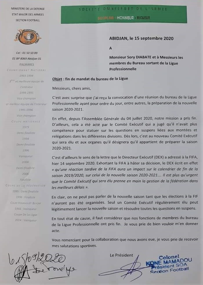 Courrier du CL Mamadou Koné (SOA) Courrier du CL Mamadou Koné (SOA)