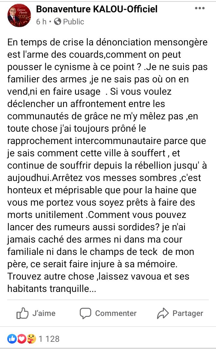 Publication Facebook de Bonaventure Kalou (Maire de Vavoua)