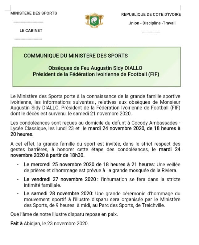 Communiqué du Ministère des Sports