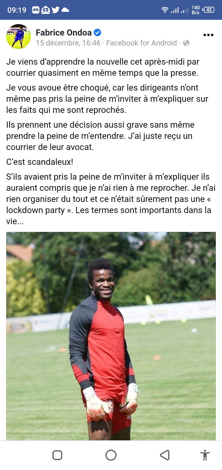 Publication de Fabrice Ondoa sur Facebook Publication de Fabrice Ondoa sur Facebook