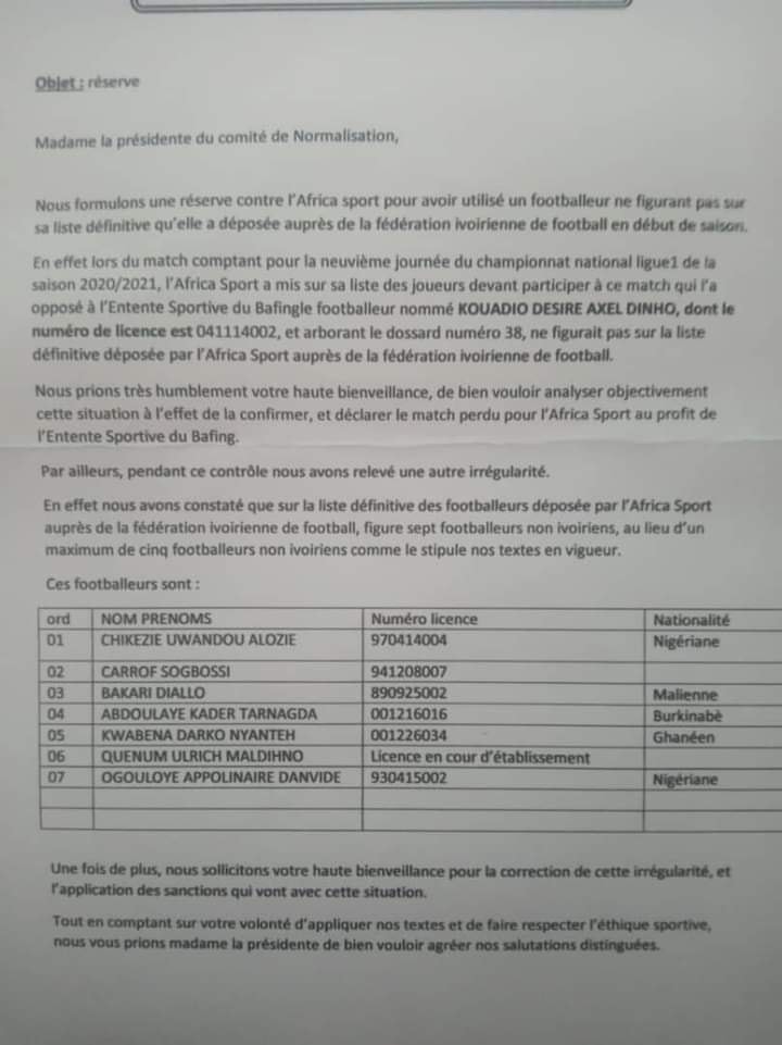La plainte de l'ES Bafing La plainte de l'ES Bafing