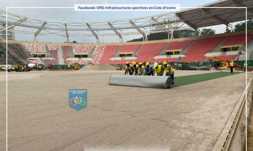 Infrastructures CAN 2023 : pose du gazon synthétique hybride du stade Felix Houphouët-Boigny