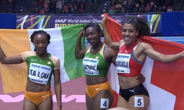Le podium final du 60 m dame aux Championnats du monde en salle de Birmingham Le podium final du 60 m dame aux Championnats du monde en salle de Birmingham